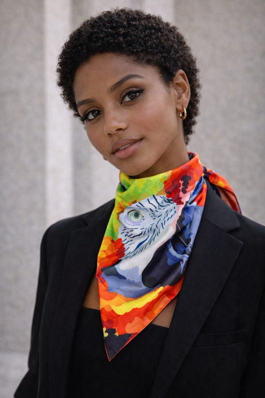 Pañoleta Ilustrada de Seda Papagayo Real