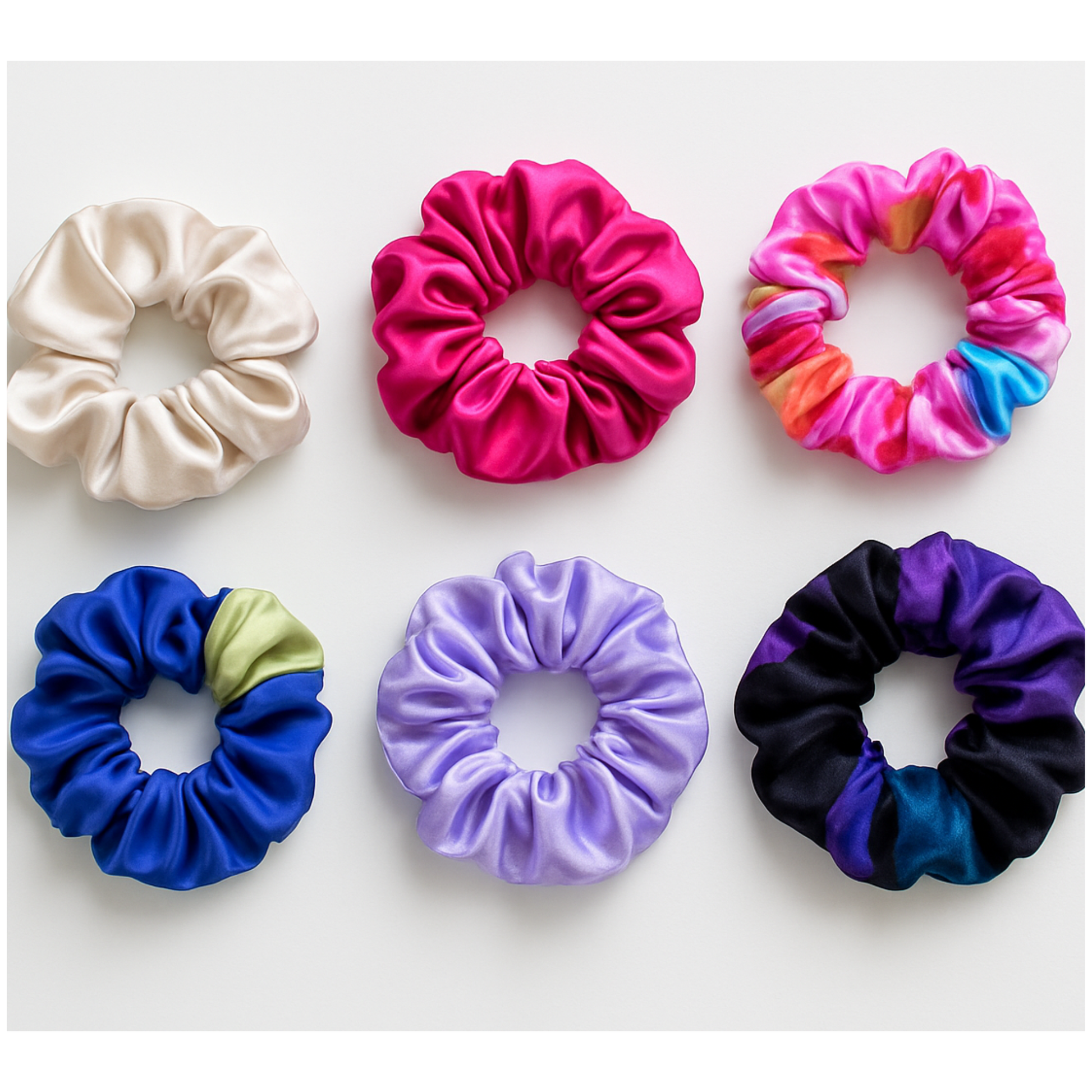 Set de scrunchies de seda artistica Coleccion Colores del Paraiso Aura Pictorica