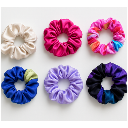 Set de scrunchies de seda artistica Coleccion Colores del Paraiso Aura Pictorica